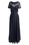 XSCAPE EVENINGS BEADED MESH GOWN