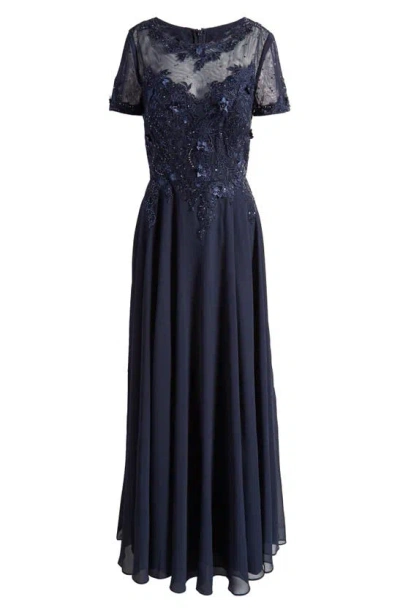 Xscape Evenings Beaded Mesh Gown In Navy