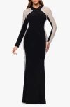 Xscape Evenings Beaded Mesh Long Sleeve Gown In Black