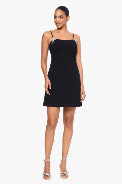 Xscape Evenings "bethany" Scuba Crepe Rhinestone Bow Short Dress In Black