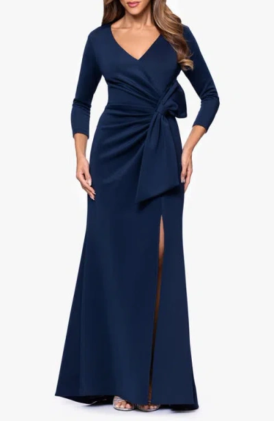 Xscape Evenings Bow Detail Long Sleeve Scuba Crepe Gown In Blue