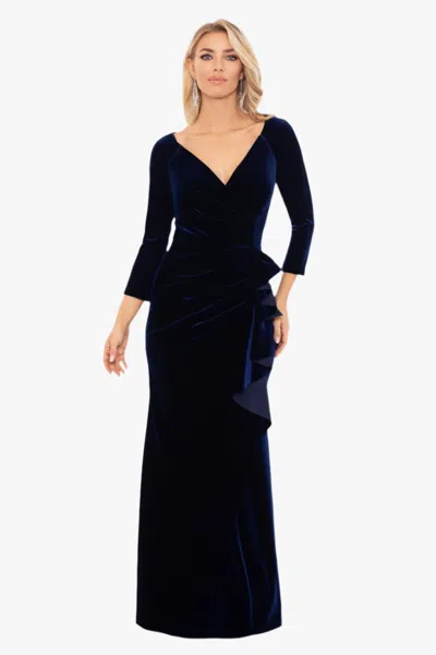 Xscape Evenings "brenda" Velvet 3/4 Sleeve Ruffle Dress In Blue