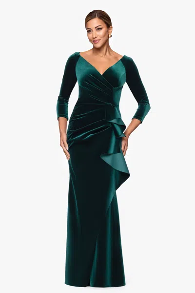 Xscape Evenings "brenda" Velvet 3/4 Sleeve Ruffle Dress In Green