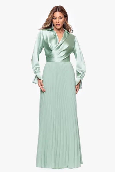 Xscape Evenings "brooke" Satin And Chiffon Long Sleeve Floor Length Dress In Green