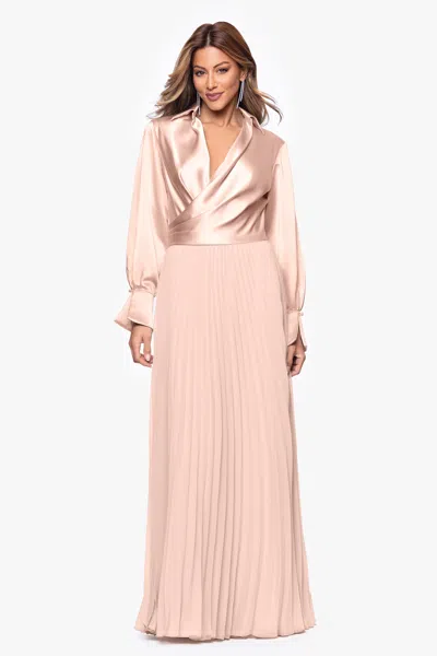 Xscape Evenings "brooke" Satin And Chiffon Long Sleeve Floor Length Dress In Pink