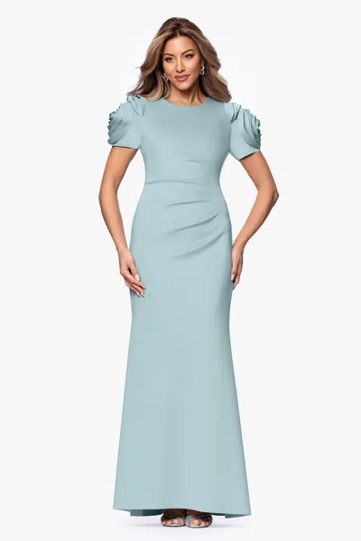 Xscape Evenings "cami" Long Scuba Crepe With Flower Shoulder Dress In Green