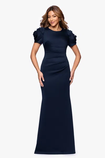 Xscape Evenings "cami" Long Techno Scuba With Flower Shoulder Dress In Blue