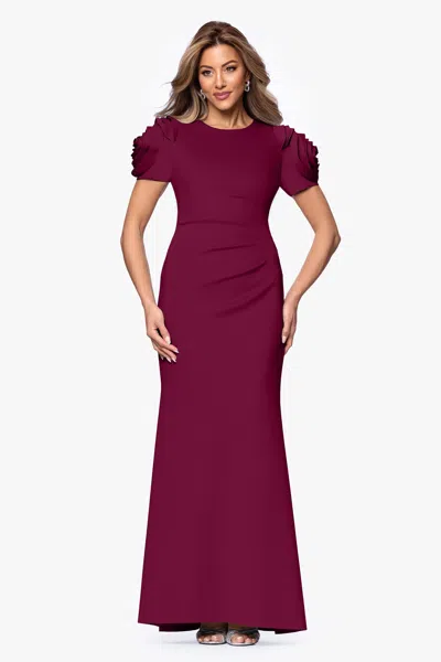 Xscape Evenings "cami" Long Techno Scuba With Flower Shoulder Dress In Burgundy