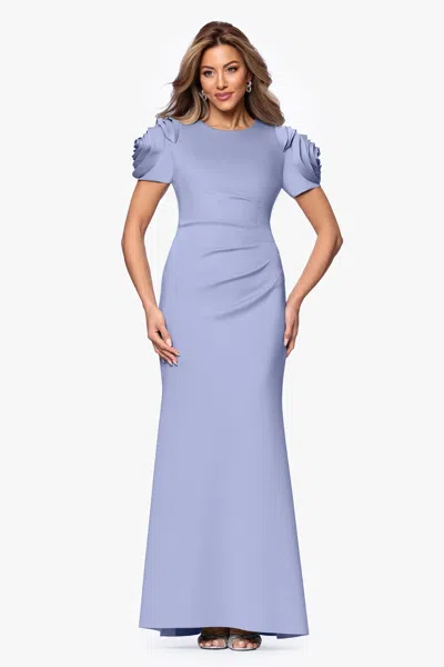 Xscape Evenings "cami" Long Techno Scuba With Flower Shoulder Dress In Purple