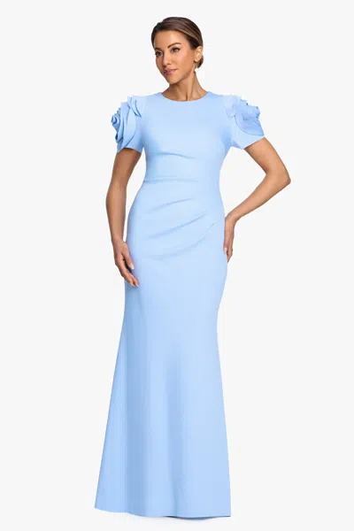 Xscape Evenings "cami" Techno Scuba With Flower Shoulder Dress In Periwinkle