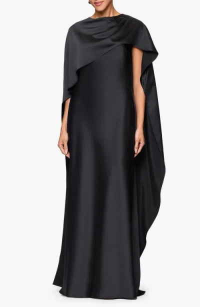 Xscape Evenings Cape Overlay Satin Gown In Black