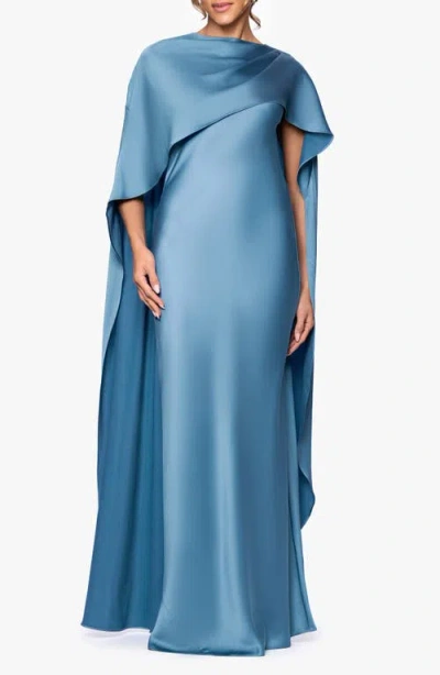 Xscape Evenings Cape Overlay Satin Gown In Blue