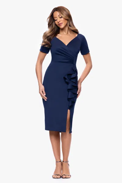 Xscape Evenings "carmela" Techno Scuba Ruffle Knee Length Dress In Blue
