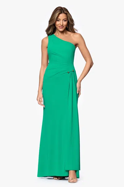 Xscape Evenings "caroline" Sheer Jersey One Shoulder With Hardware Floor Length Dress In Green