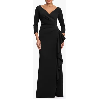 Xscape Evenings Cascade Ruffle Long Sleeve Scuba Crepe Gown In Black