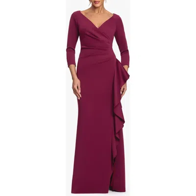 Xscape Evenings Cascade Ruffle Long Sleeve Scuba Crepe Gown In Burgundy