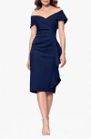 Xscape Evenings Cascade Ruffle Off The Shoulder Scuba Crepe Cocktail Midi Dress In Midnight