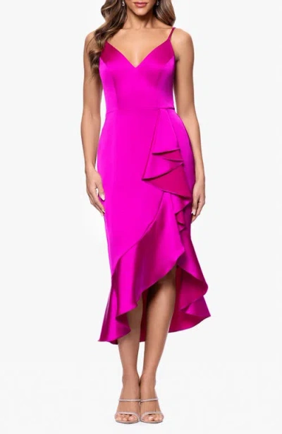 Xscape Evenings Cascasde Ruffle Detail Satin Cocktail Dress In Magenta