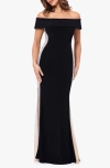 XSCAPE EVENINGS CAVIAR BEAD DETAIL OFF THE SHOULDER GOWN