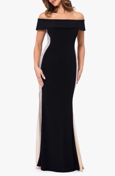 Xscape Evenings Caviar Bead Detail Off The Shoulder Gown In Black/ Beige/ Silver