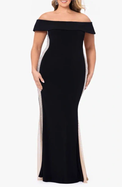 Xscape Evenings Caviar Beaded Off The Shoulder Gown In Black/ Beige/ Silver