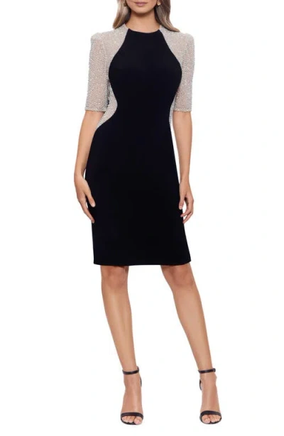 Xscape Evenings Caviar Embellished Sleeve Body-con Cocktail Dress In Black/nude/silver