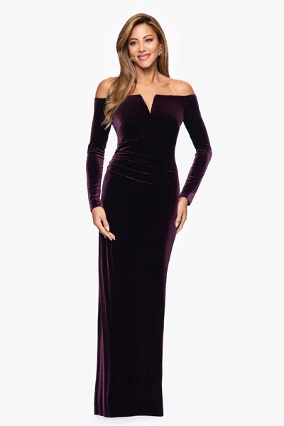 Xscape Evenings "christy" Long Off The Shoulder Velvet Dress In Burgundy