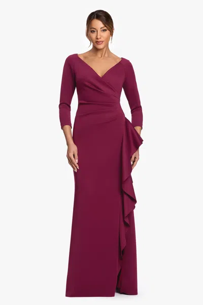Xscape Evenings "clarissa" Techno Scuba Long Sleeve Ruffle Dress In Burgundy