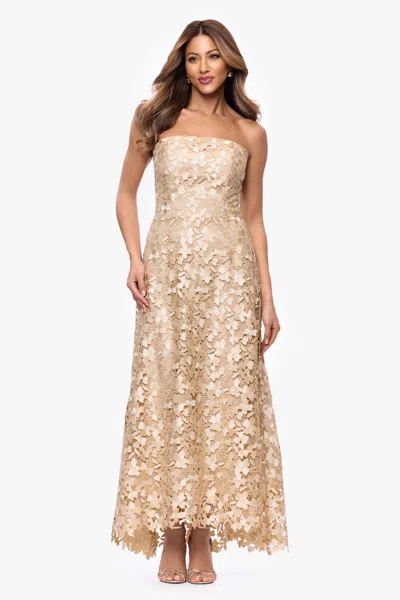 Xscape Evenings "colby" Lace Strapless Gown In Gold
