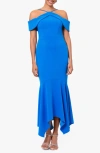 XSCAPE EVENINGS COLD SHOULDER HANDKERCHIEF HEM SCUBA CREPE GOWN