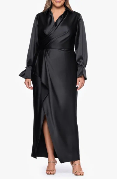 Xscape Evenings Collar Long Sleeve Satin Gown In Black
