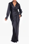 Xscape Evenings Collar Long Sleeve Satin Gown In Black