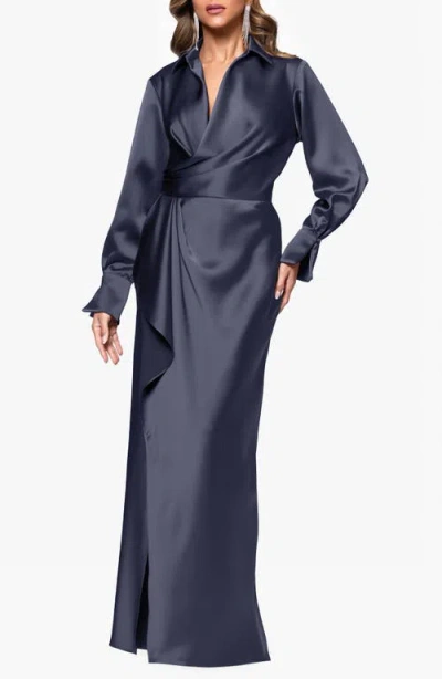 Xscape Evenings Collar Long Sleeve Satin Gown In Blue