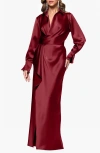 Xscape Evenings Collar Long Sleeve Satin Gown In Burgundy