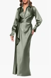 Xscape Evenings Collar Long Sleeve Satin Gown In Green