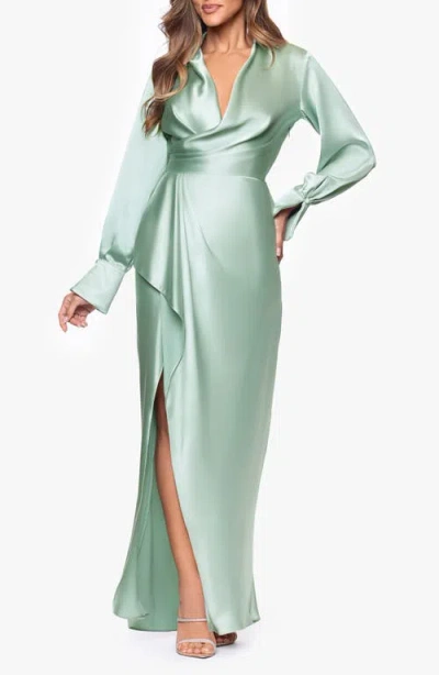 Xscape Evenings Collar Long Sleeve Satin Gown In Green