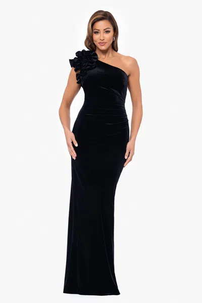 Xscape Evenings "connie" Long One Shoulder Ruffle Velvet Dress In Black