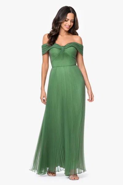 Xscape Evenings "cora" Organza Pleated Off The Shoulder Long Dress In Green