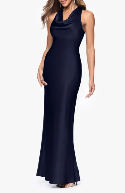 Xscape Evenings Cowl Neck Satin Gown In Blue