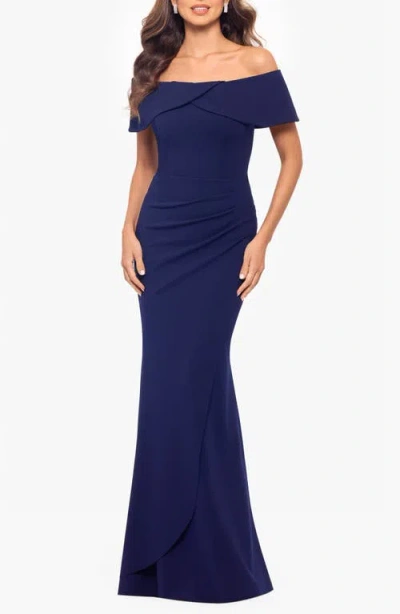 Xscape Evenings Crossover Off The Shoulder Stretch Crepe Gown In Navy