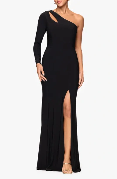 Xscape Evenings Cutout One-shoulder Single Long Sleeve Mermaid Gown In Black