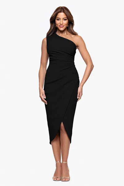 Xscape Evenings "dakota" Scuba Crepe One Shoulder Ruched Short Dress In Black