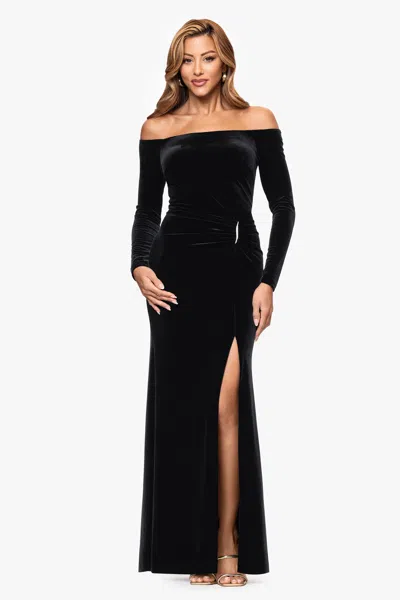 Xscape Evenings "danni" Velvet Off The Shoulder Long Sleeve Dress In Black