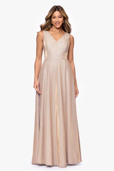 Xscape Evenings "dawn" Galaxy Knit V-neck Floor Length Dress In Neutral