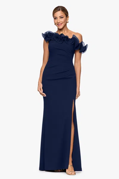 Xscape Evenings "delilah" Scuba Crepe Drop Shoulder Chiffon Ruffle Dress In Blue