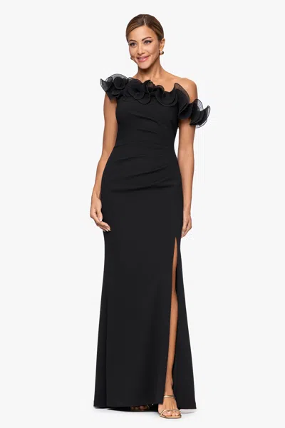 Xscape Evenings "delilah" Scuba Crepe Drop Shoulder Chiffon Ruffle Floor Length Dress In Black