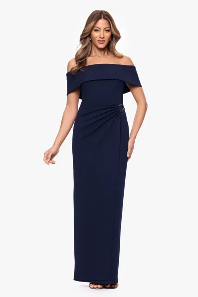 Xscape Evenings "devon" Scuba Crepe Off The Shoulder Trim Waist Long Dress In Blue