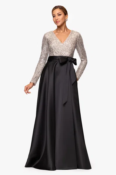 Xscape Evenings "dixie" V-neck Long Sleeve Sequin Top Waistband With Bow Gown In Animal Print