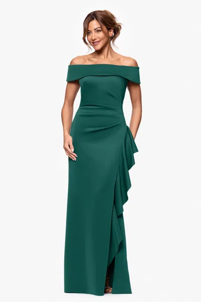 Xscape Evenings "dolly" Techno Scuba Off The Shoulder Ruffle Dress In Hunter
