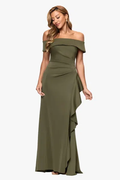 Xscape Evenings "dolly" Techno Scuba Off The Shoulder Ruffle Dress In Olive